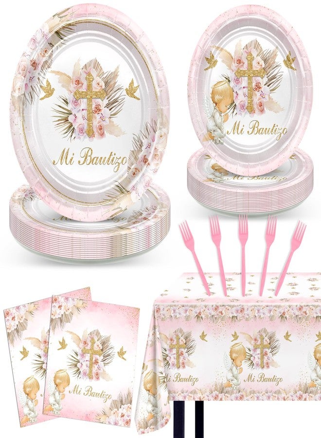 Lecheme Mi Bautizo Decorations for Girls 97 Pcs Pink Baptism Plates and Napkins Tablecloth Serve 24 Mi Primera First Communion Decorations God Bless Christening Party Supplies - Image 1